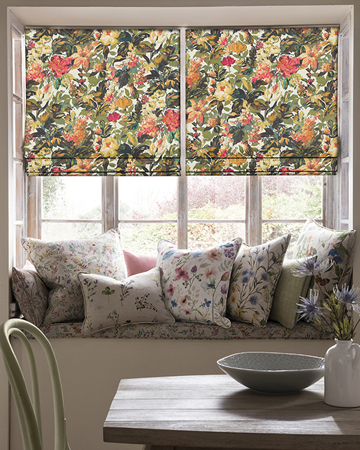 Clarke & Clarke Lilum Olive Raspberry Roman Blinds